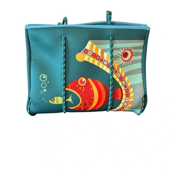 NEW Teal Fish Design Tote Bag Neoprene Large to X-Large summer beach pool resort - Picture 8 of 13